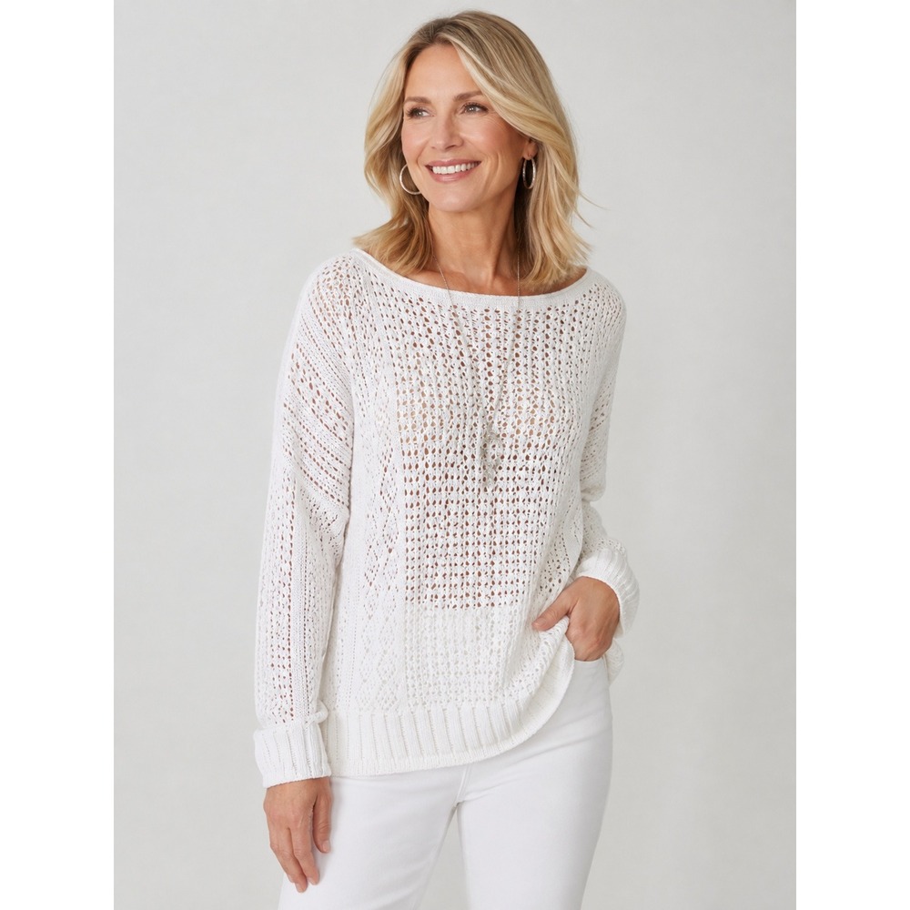Chicos Womens Open Knit Sweater Petite Size XLP White Boat Neck Long Sleeve